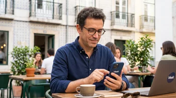 Home utilizando smartphone com aplicativo da Veek em uma cafeteria.