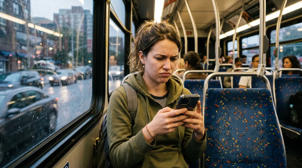 Mulher confusa olhando o celular dentro de um ônibus.