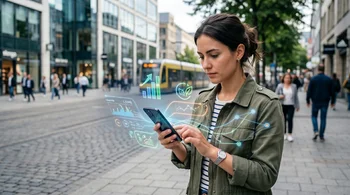 Mulher usando celular com gráficos holográficos e dados na rua.