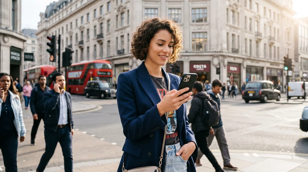 Mulher de terno azul sorrindo caminha pela rua segurando smartphone, com ônibus vermelho de Londres ao fundo.