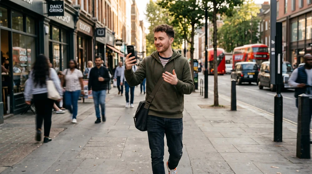 Homem sorrindo caminha pela calçada de uma rua movimentada enquanto faz uma videochamada no celular.