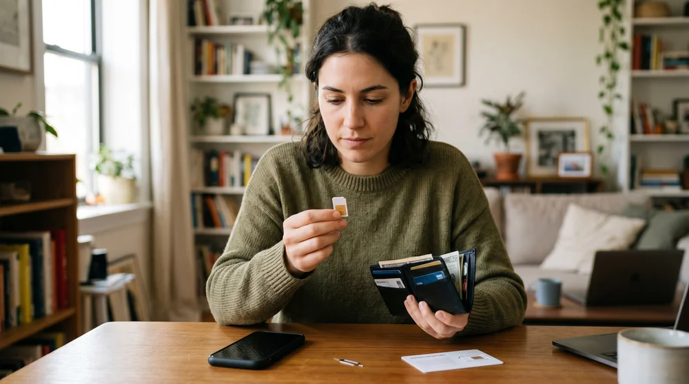 Uma mulher sentada à mesa de casa segurando um chip SIM card em uma das mãos e uma carteira aberta na outra, pronta para fazer a troca do chip no celular.