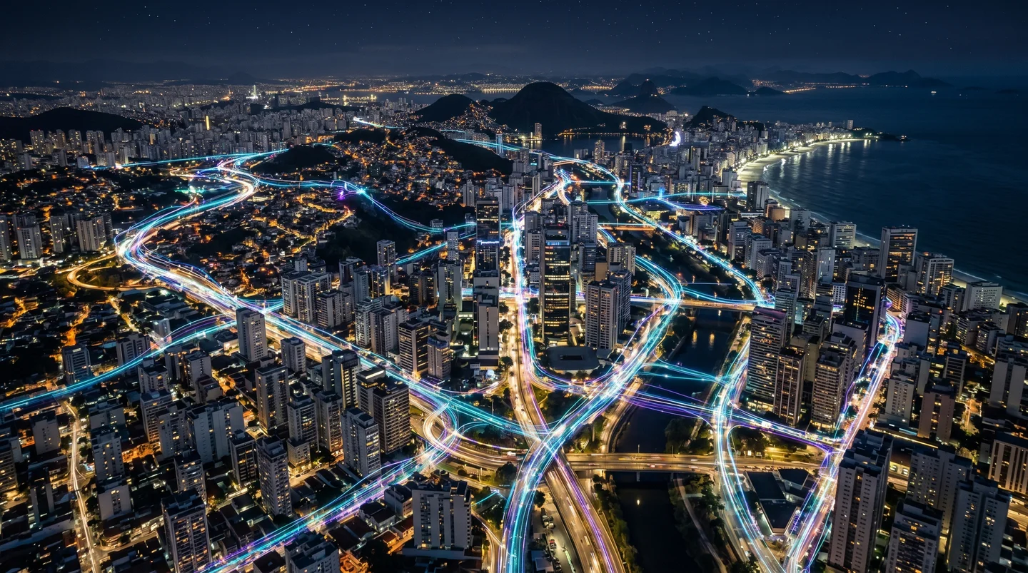 Vista aérea noturna de uma grande cidade brasileira conectada por redes digitais luminosas, representando inovação, expansão da conectividade e o futuro das telecomunicações.