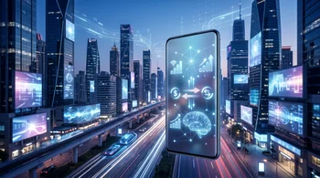 Celular flutuando com ícones de dados e inteligência artificial sobre cidade futurista.