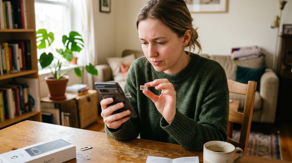 uma pessoa em casa, com o celular em uma mão e um chip na outra, demonstrando dúvida e atenção ao aparelho.