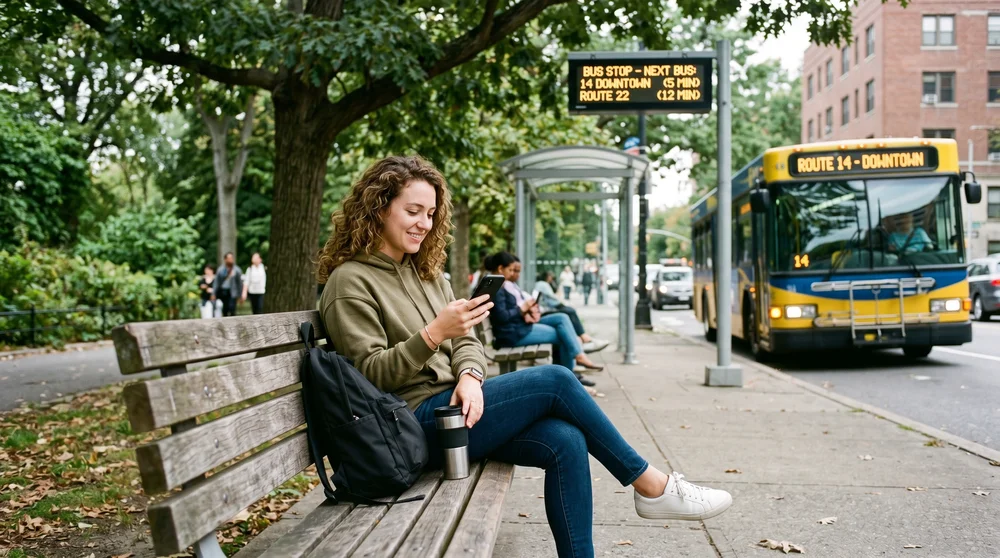 uma pessoa sentada em um banco de praça pública, segurando um celular de forma natural enquanto aguarda o ônibus.
