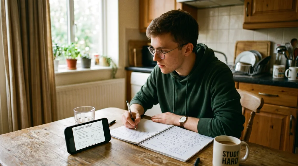 um jovem em uma mesa de cozinha simples, com um celular apoiado em um copo enquanto estuda com um caderno ao lado.