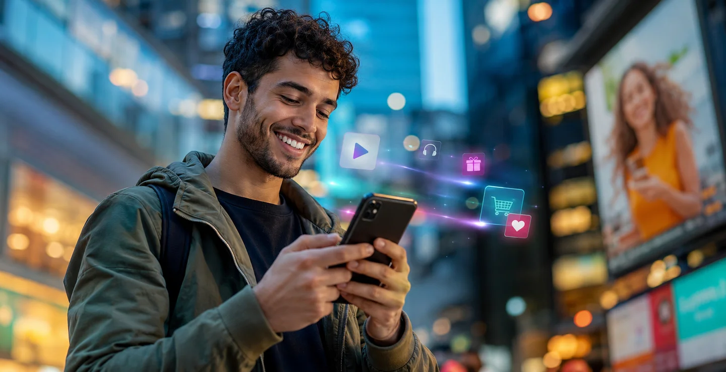 Jovem utilizando smartphone em uma avenida urbana movimentada, interagindo com serviços digitais enquanto anúncios e benefícios conectados à internet móvel são representados por elementos tecnológicos ao redor.