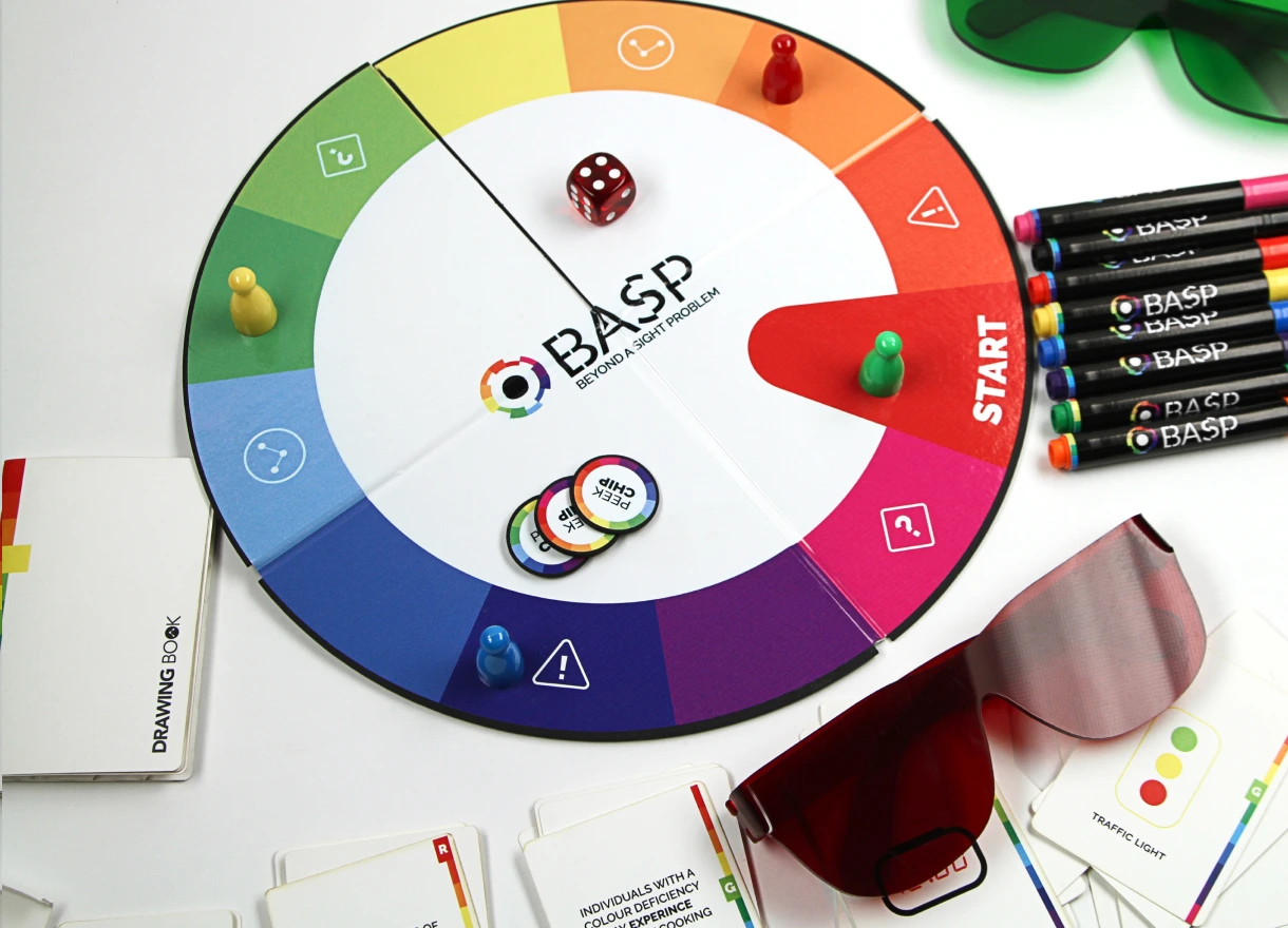 Board game setup with tinted glasses, player markers, and game pieces arranged and ready to play.