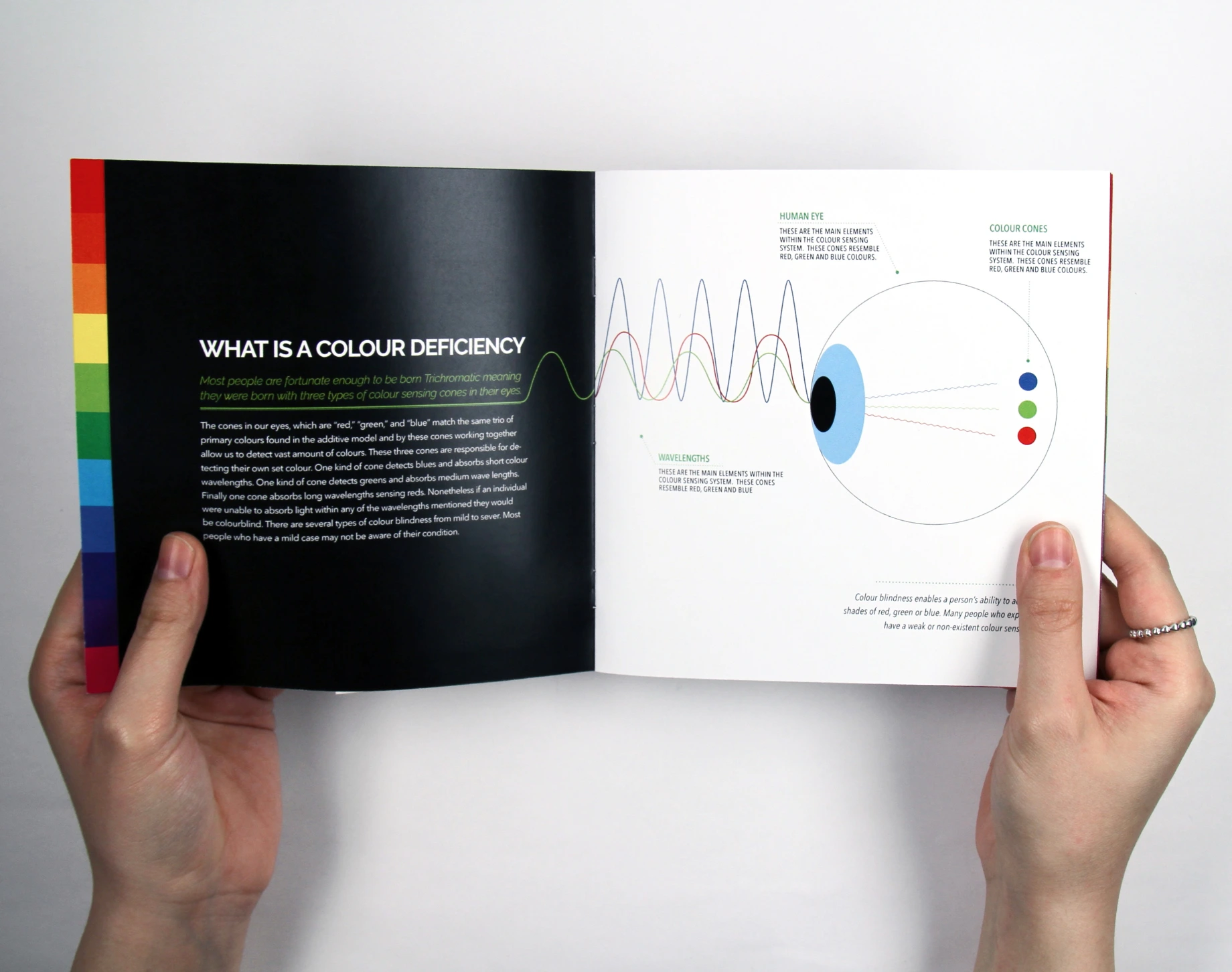 Brochure page illustrating colour wavelengths within the human eye.