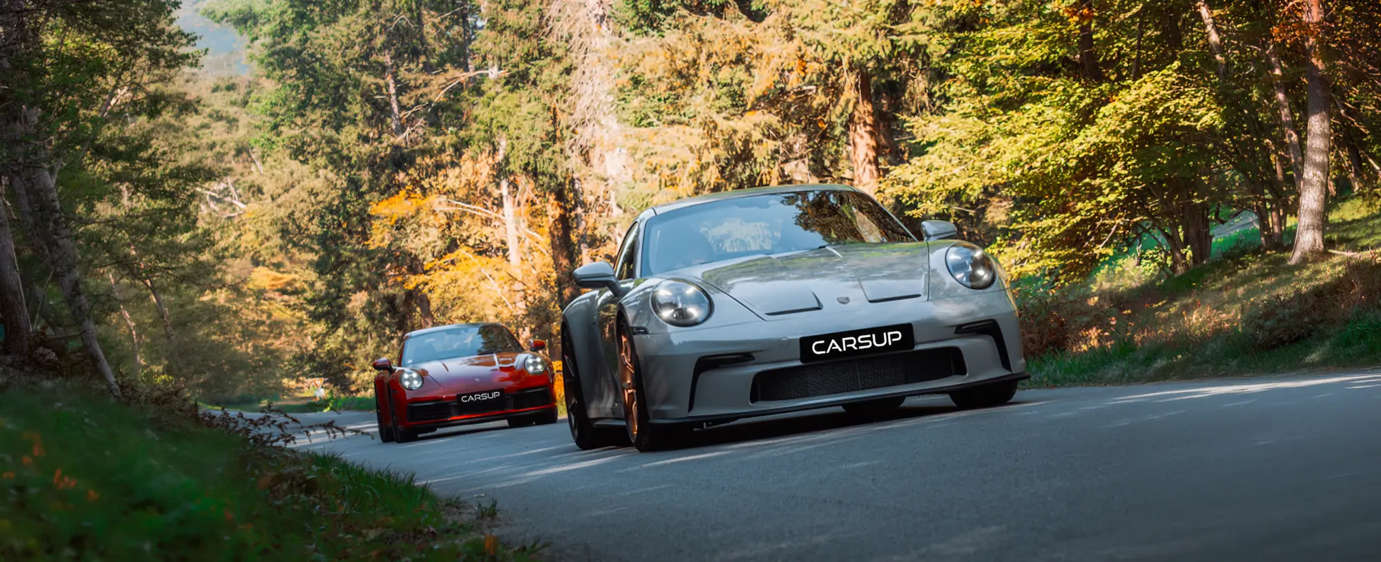 Two Porsche sports cars driving on a forest road, a grey model in the foreground and a red one behind, surrounded by autumn trees and warm natural light.