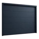 Porte de garage moderne noire avec panneaux horizontaux lisses.