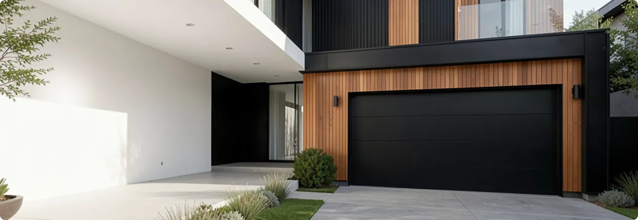 Entrée de maison moderne avec garage noir, façade en bois et allée en béton.