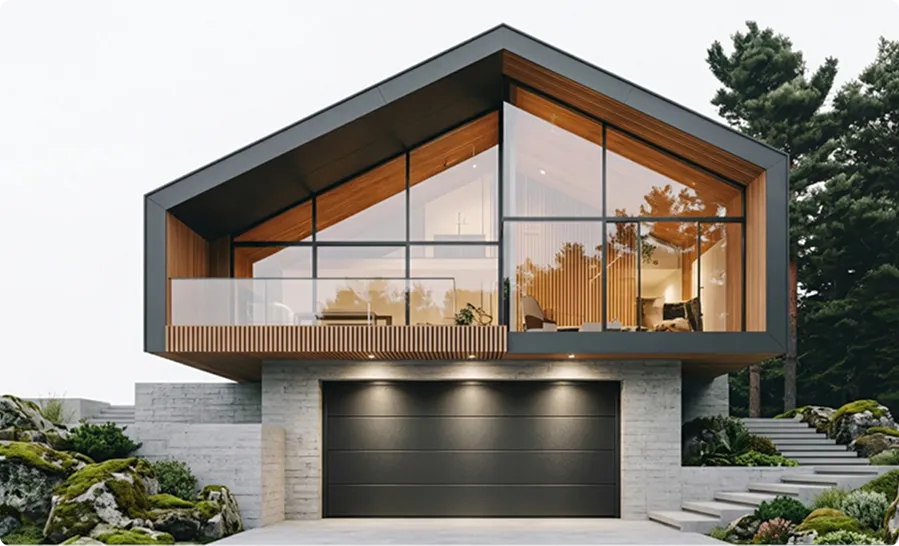Maison moderne avec grande fenêtre en verre, garage noir et escalier entouré de végétation.