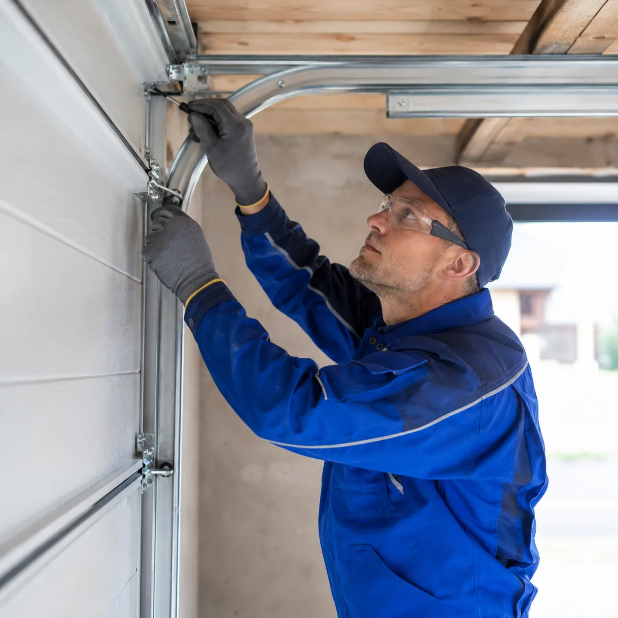Un homme en combinaison bleue installe un mécanisme métallique pour une porte de garage dans un garage.