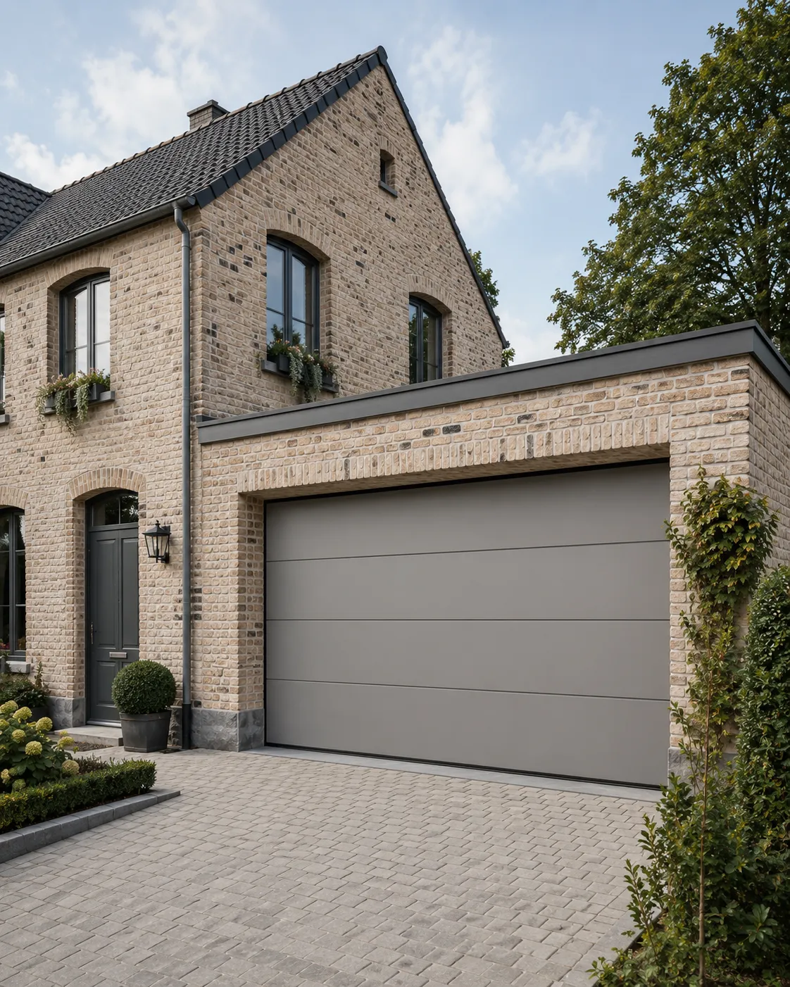 Maison en briques claires avec une grande porte de garage grise et des plantes décoratives autour.