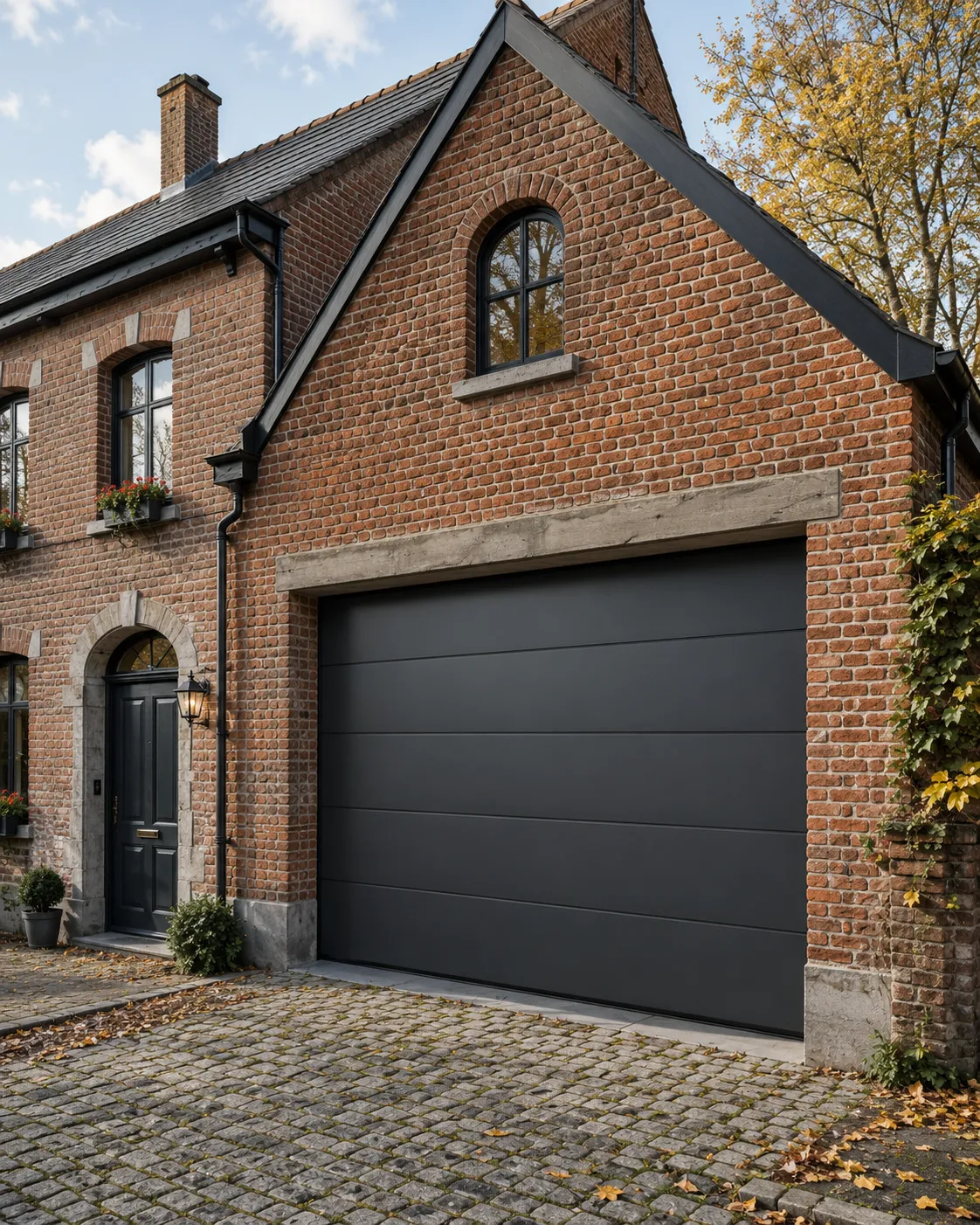 Maison en briques avec porte noire, grande porte de garage grise et allée pavée en automne.