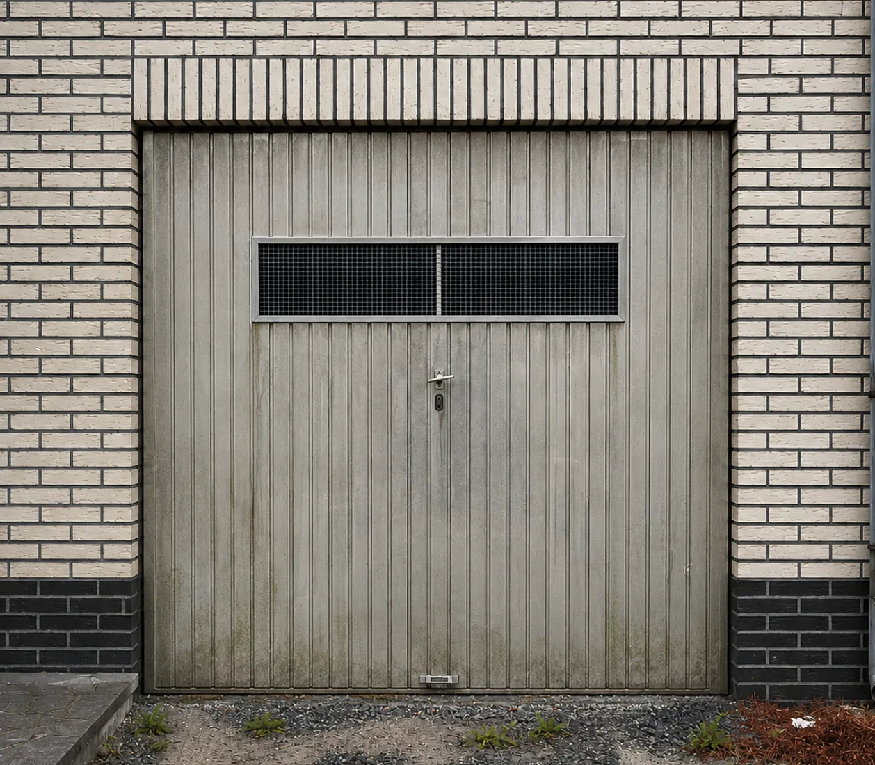 Porte de garage grise avec fenêtres rectangulaires et mur en briques blanches autour.