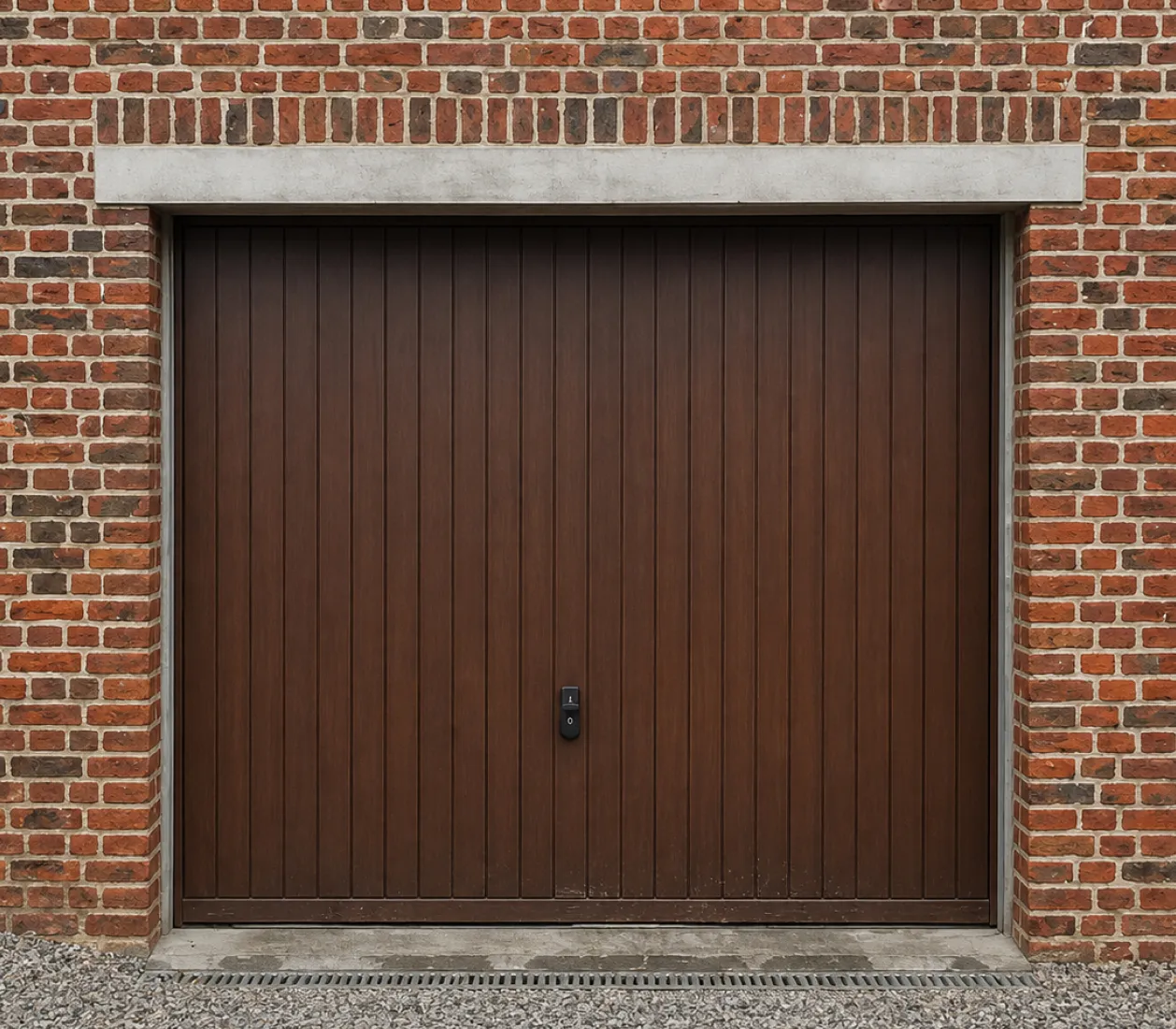 Porte de garage en bois brun avec poignée noire encadrée de mur en briques rouges.