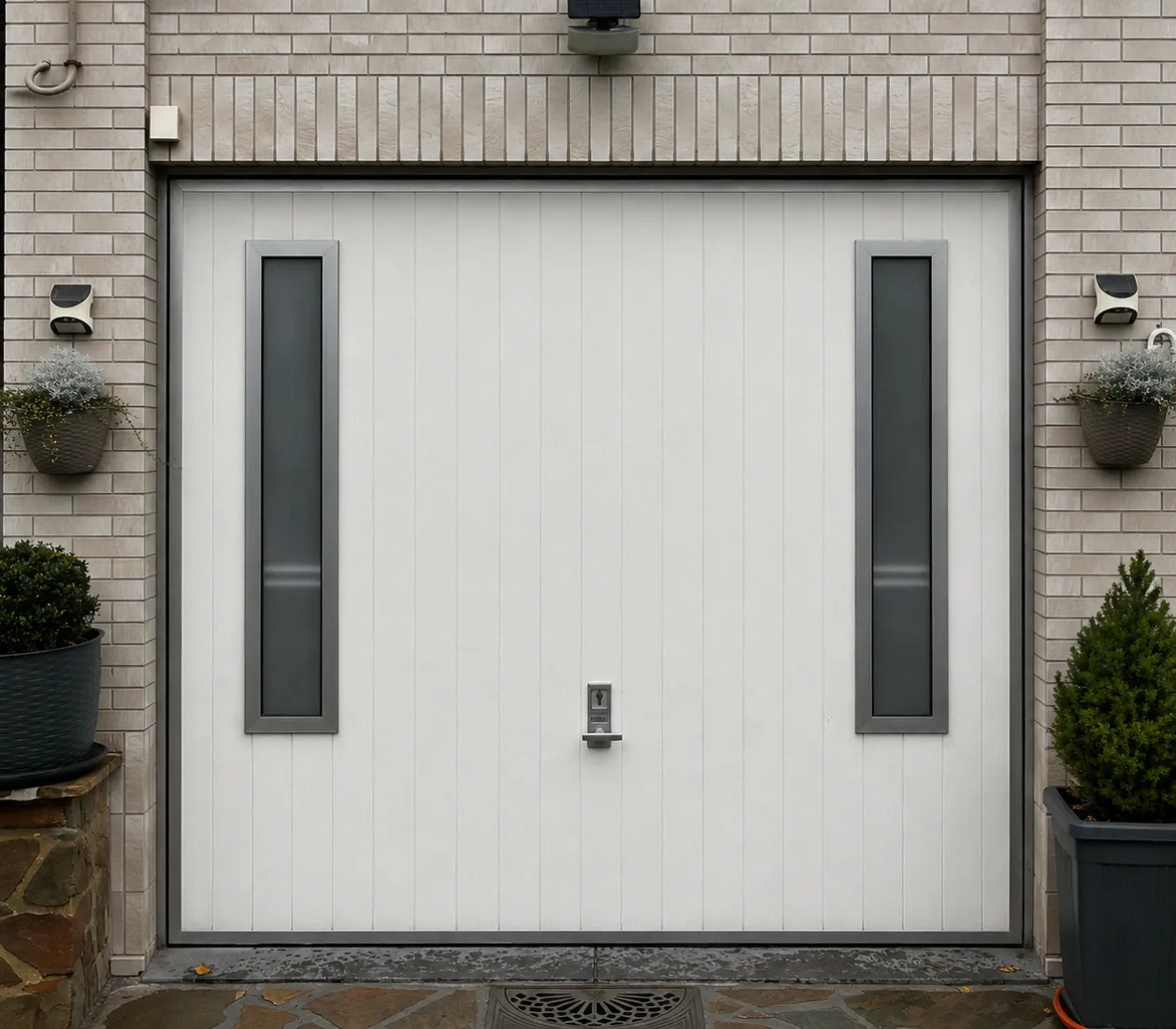 Porte de garage blanche avec deux fenêtres étroites verticales et des pots de plantes sur les côtés.