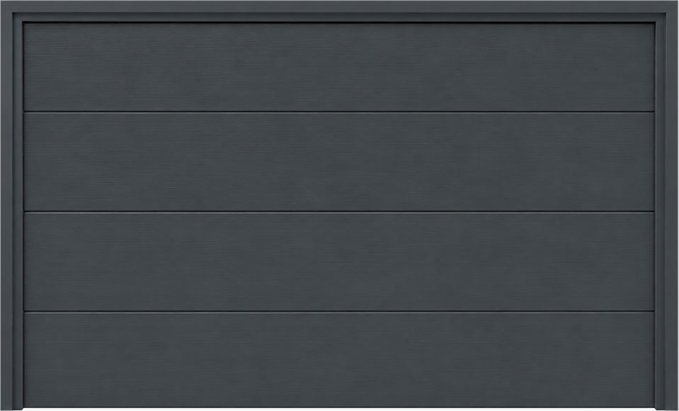 Porte de garage sectionnelle anthracite gris foncé avec quatre panneaux horizontaux.