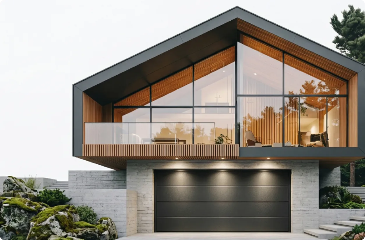 Maison moderne avec façade en bois et grandes fenêtres, garage noir, plantes et rochers devant.