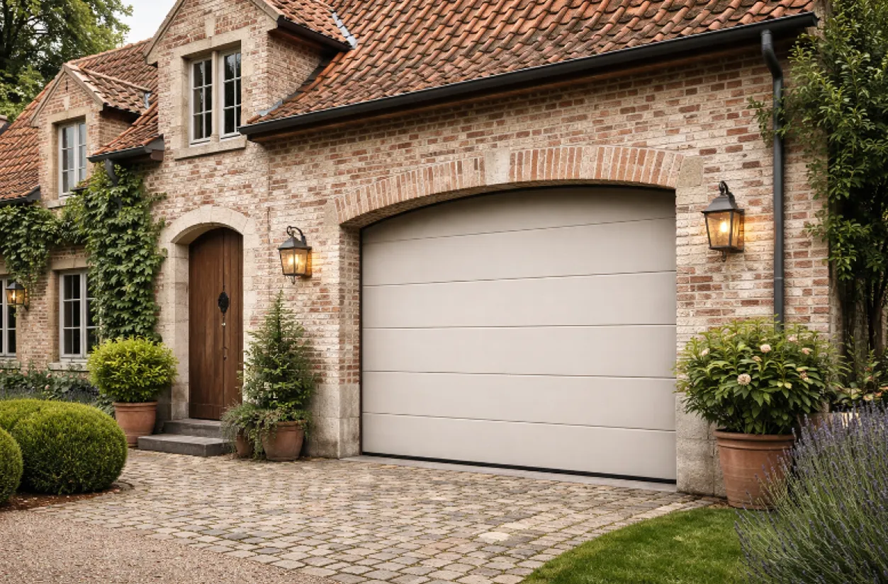Maison en briques avec porte en bois, garage beige fermé et plantes en pots autour.
