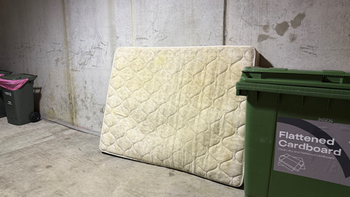 Mattress leaning against a wall next to green recycling bins.
