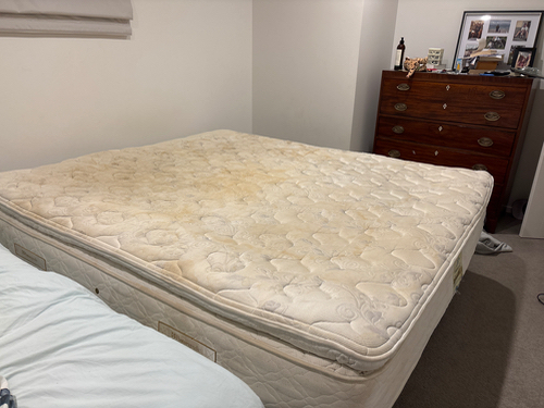 Mattress with yellowed stains, wooden dresser with drawers, and a framed photo.