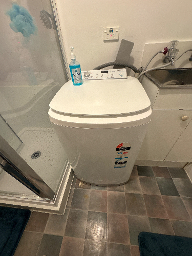 Washing machine, hand sanitizer, sink.