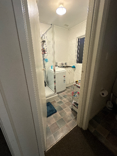 Bathroom with shower, washing machine, towel, and shelving unit.