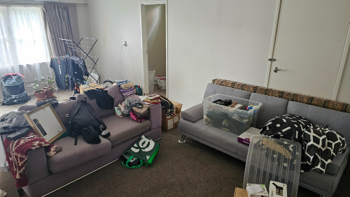 Two sofas with clutter, a clothes drying rack, and storage boxes.
