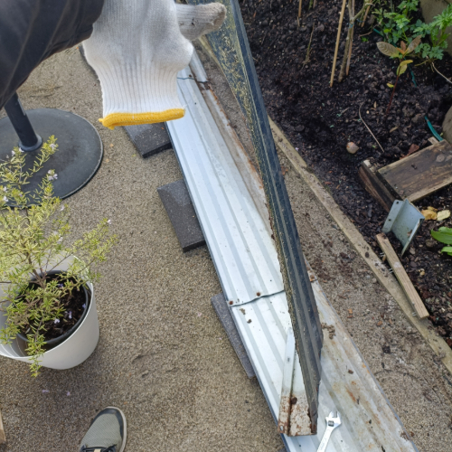 Gloved hand, metal frame, potted plant, paving blocks.