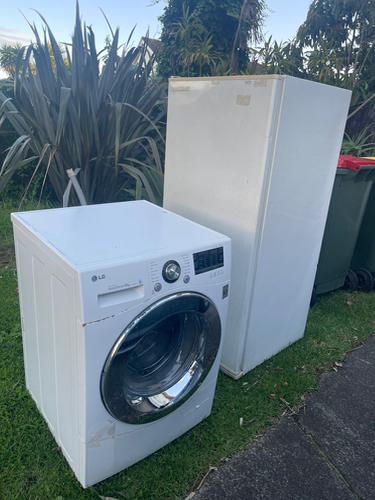 White washing machine and white refrigerator.