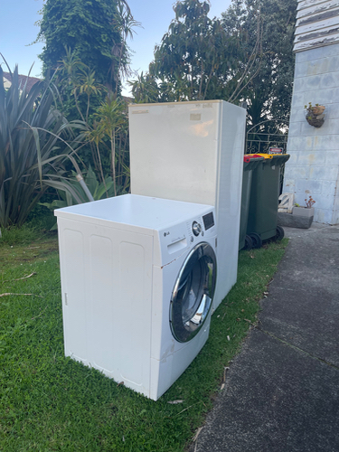 White washing machine and refrigerator placed outdoors.