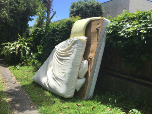 Two discarded mattresses leaning against each other.