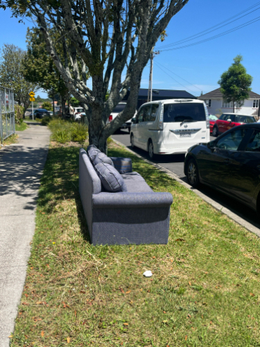 Gray sofa, tree, parked cars.