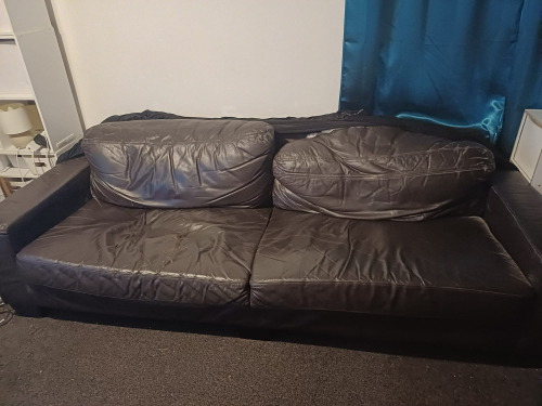 Black leather sofa with two cushions.