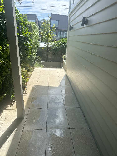 Pathway with tiles, greenery on one side, building wall on the other.