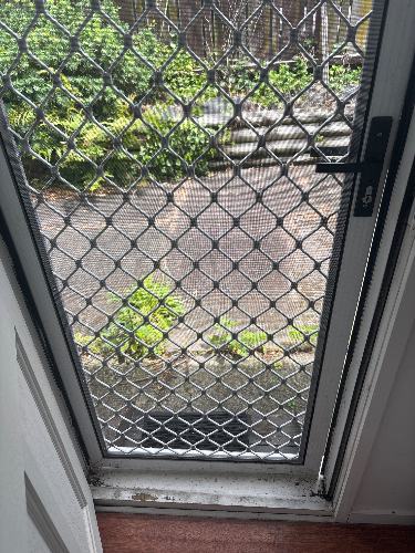 Screen door with diamond-pattern mesh and door handle.