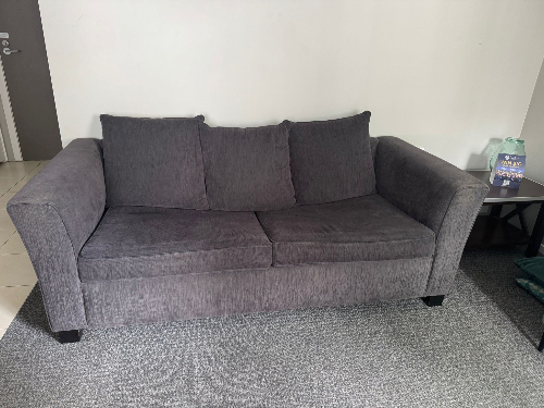 Gray sofa with two cushions and a small side table with a decorative item.