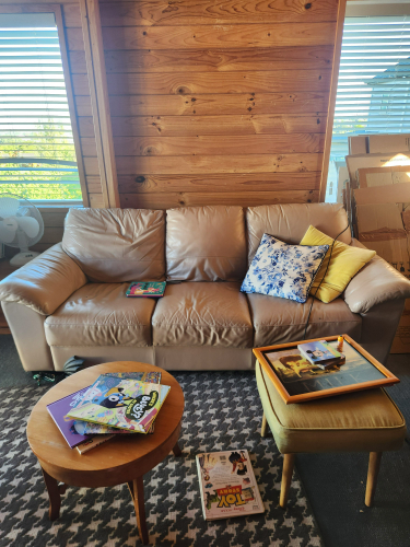 Leather sofa with decorative pillows, round wooden coffee table, square green side table, magazines on the floor.