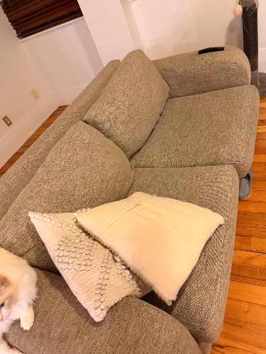 Gray sofa with two decorative pillows and a remote control.
