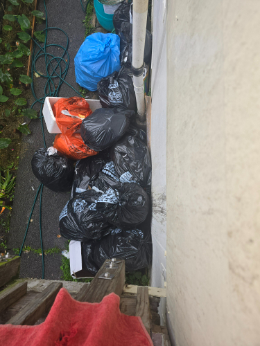 Black trash bags, orange trash bags, blue trash bag, white cardboard boxes, garden hose.