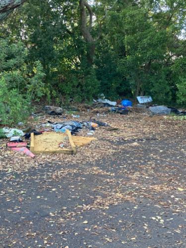scattered debris, clothing, blue tarp, wooden structure, leaves