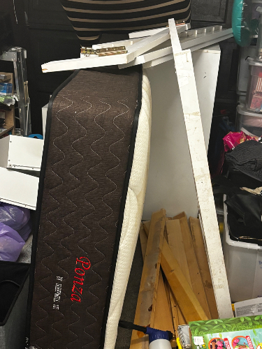 Mattress, wooden slats, metal hardware, assorted storage boxes.