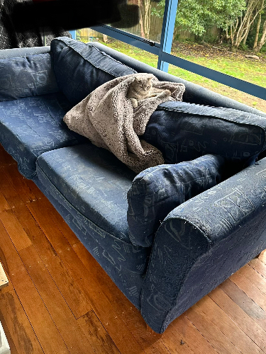 Couch with a gray blanket draped over it.