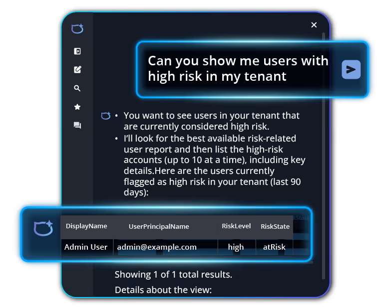 Corey AI dialogue box showing a prompt to request to show users with high risk in the tenant