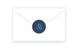 White envelope with a circular dark blue seal featuring a stylized 'A' letter in the center.