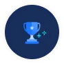 Blue trophy cup with sparkles on a dark blue circular background.